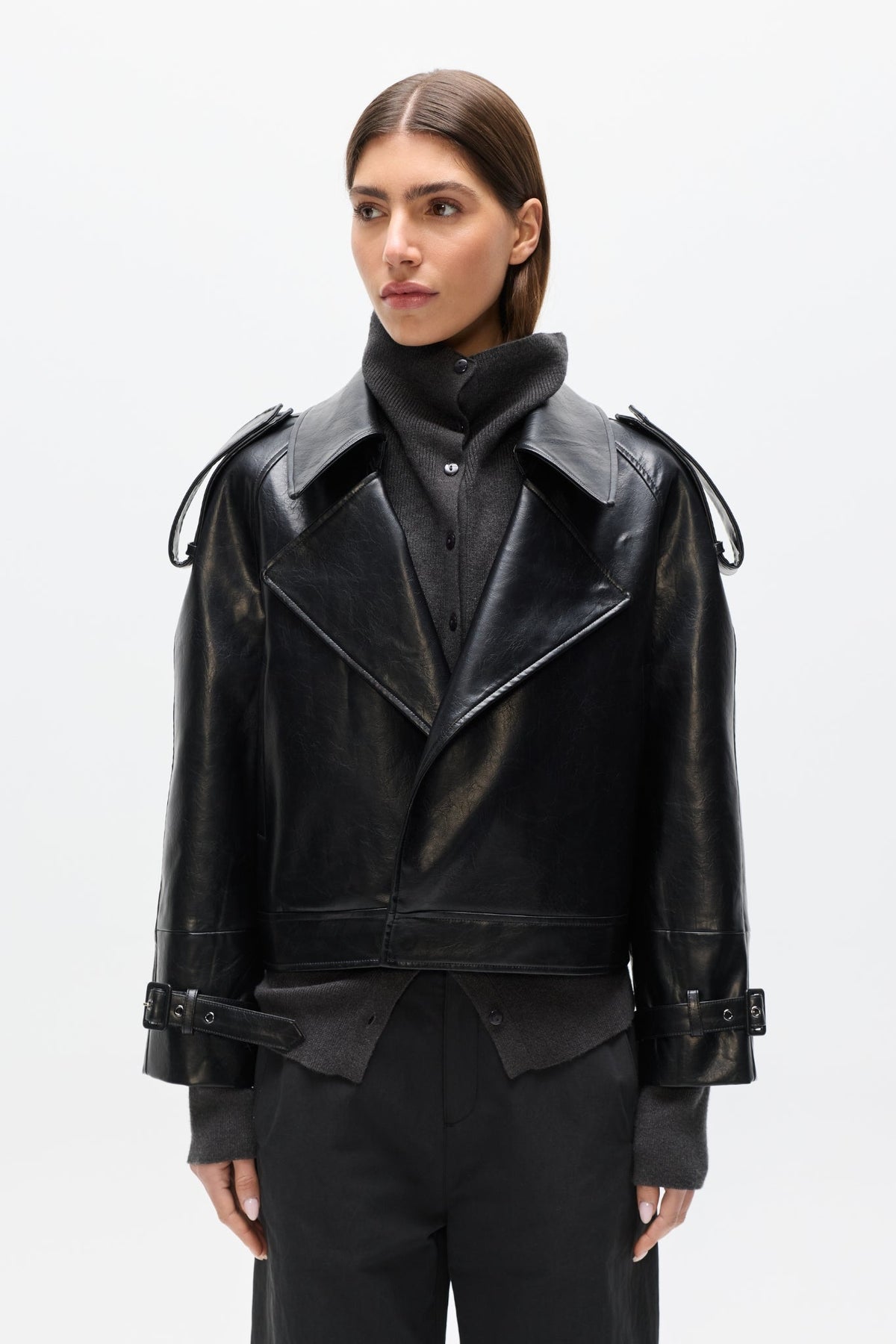 Knox Cropped Faux Leather Bomber in Black, view 2, Bayse Brand