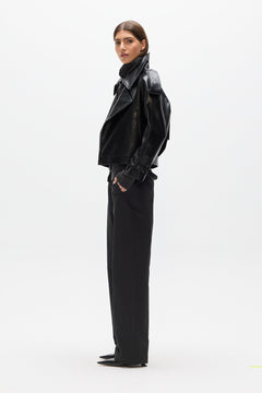 Knox Cropped Faux Leather Bomber in Black, view 3, Bayse Brand