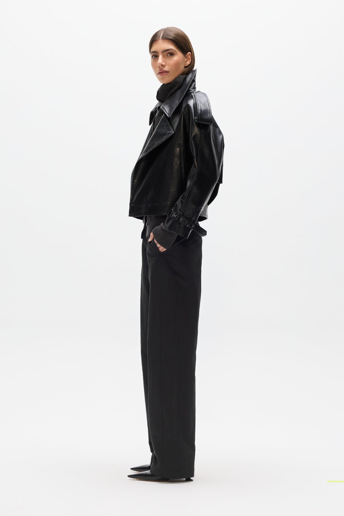 Knox Cropped Faux Leather Bomber in Black, view 3, Bayse Brand