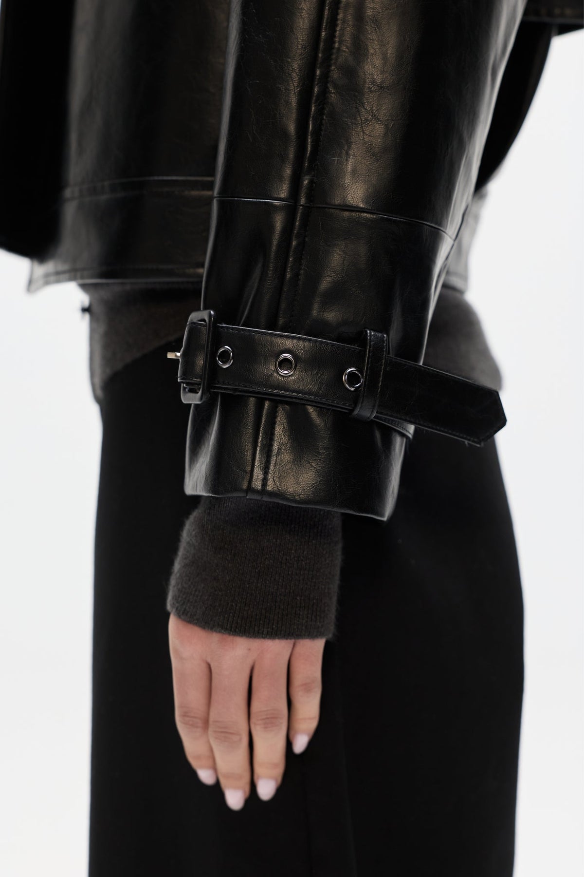 Knox Cropped Faux Leather Bomber in Black, view 4, Bayse Brand