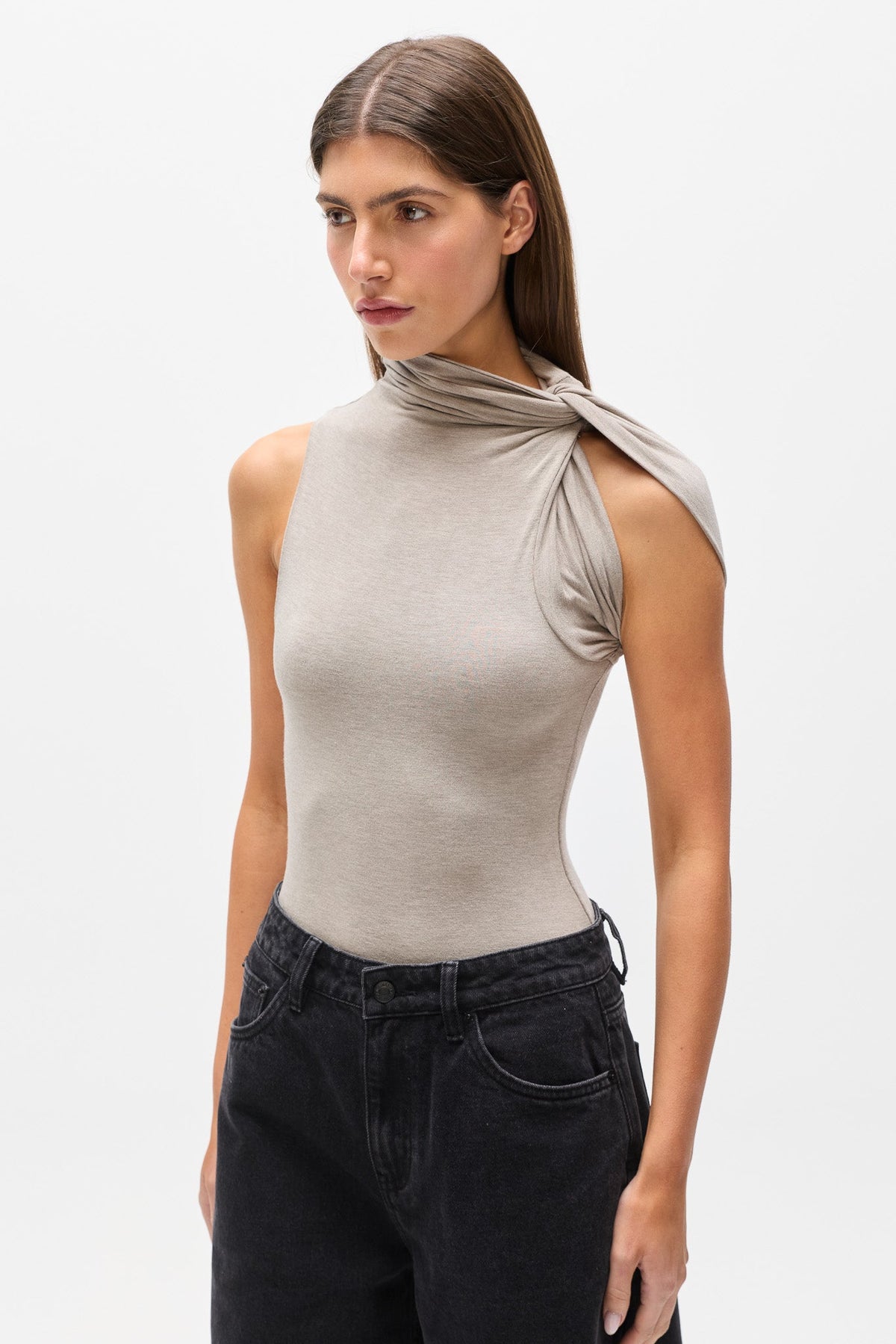 Kadia Twist Neck Top in Light Grey Marle, view 3, Bayse Brand