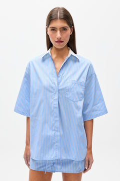 Kanzo Oversized Striped Shirt in Blue Stripe, view 2, Bayse Brand