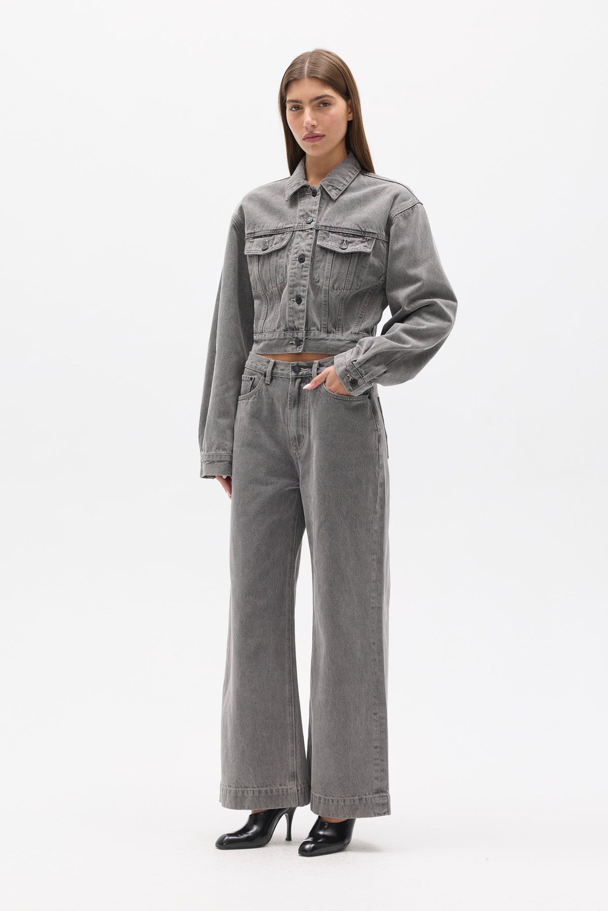 Laine Cropped Denim Jacket in Portland Grey, view 2, Bayse Brand