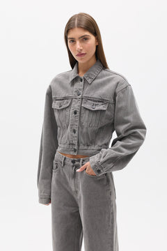 Laine Cropped Denim Jacket in Portland Grey, view 1, Bayse Brand