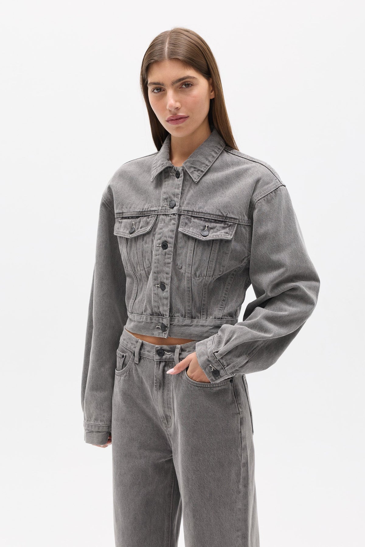 Laine Cropped Denim Jacket in Portland Grey, view 1, Bayse Brand