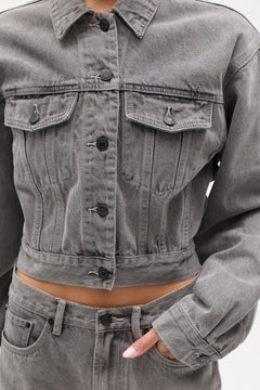 Laine Cropped Denim Jacket in Portland Grey, view 3, Bayse Brand