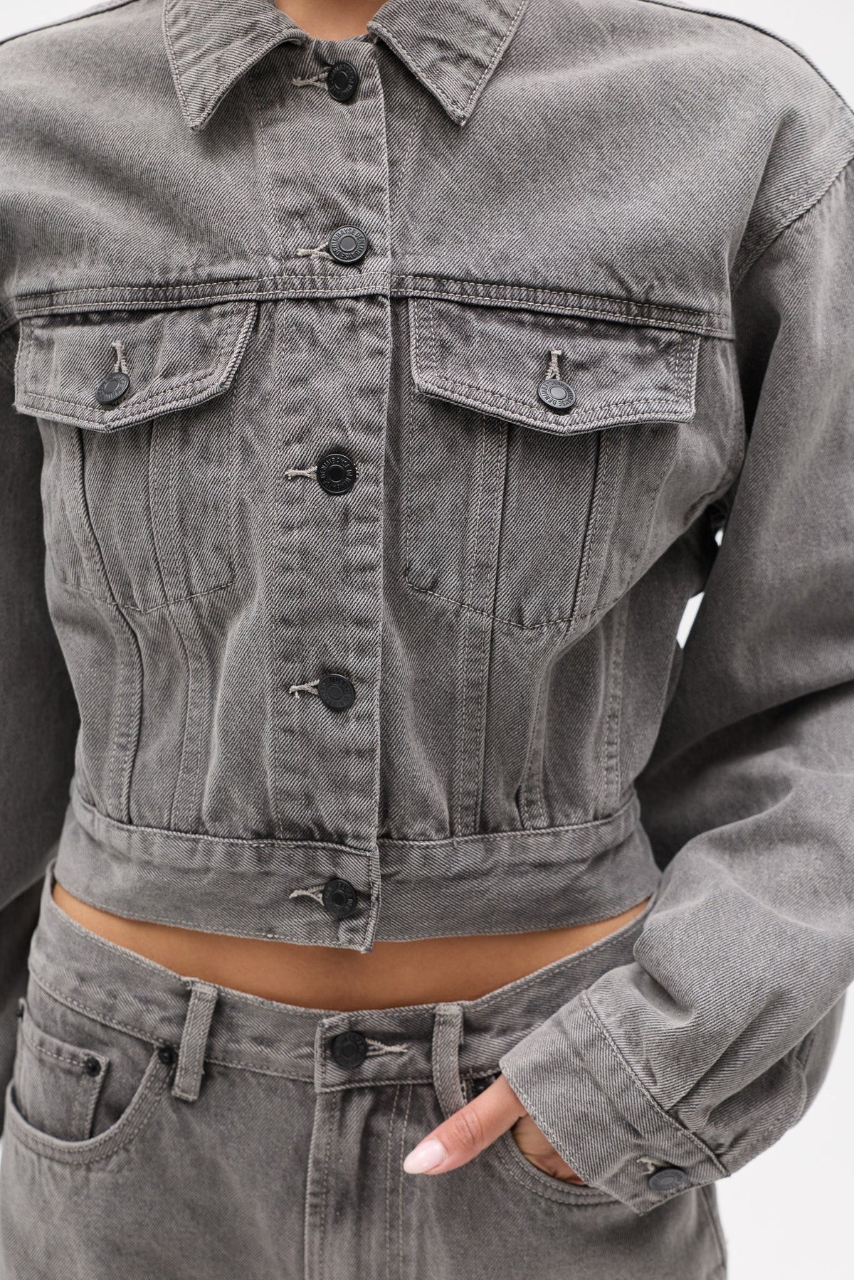 Laine Cropped Denim Jacket in Portland Grey, view 3, Bayse Brand