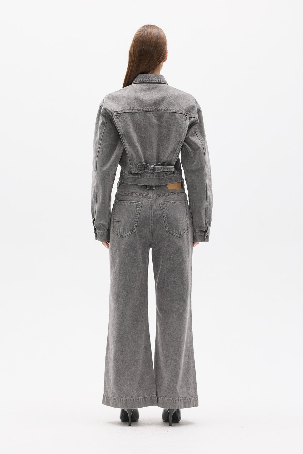 Laine Cropped Denim Jacket in Portland Grey, view 4, Bayse Brand