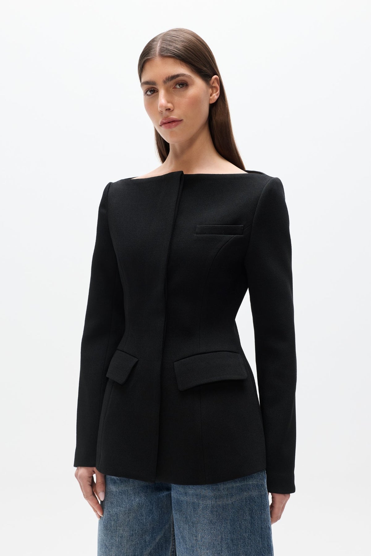 Laurent Sculpted Bateau Blazer in Black, view 2, Bayse Brand