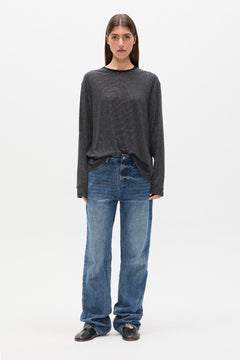 Liam Striped Long Sleeve Tee in Navy Stripe, view 1, Bayse Brand