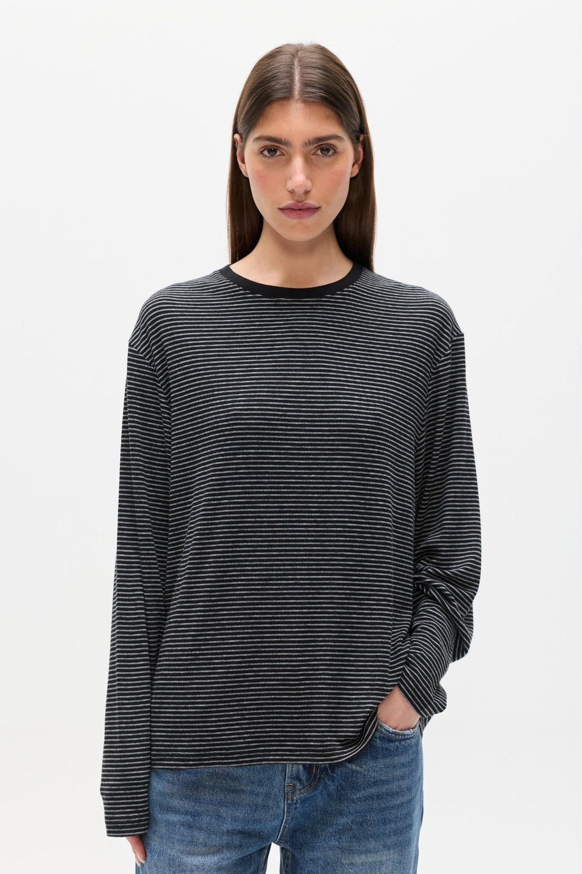 Liam Striped Long Sleeve Tee in Navy Stripe, view 2, Bayse Brand