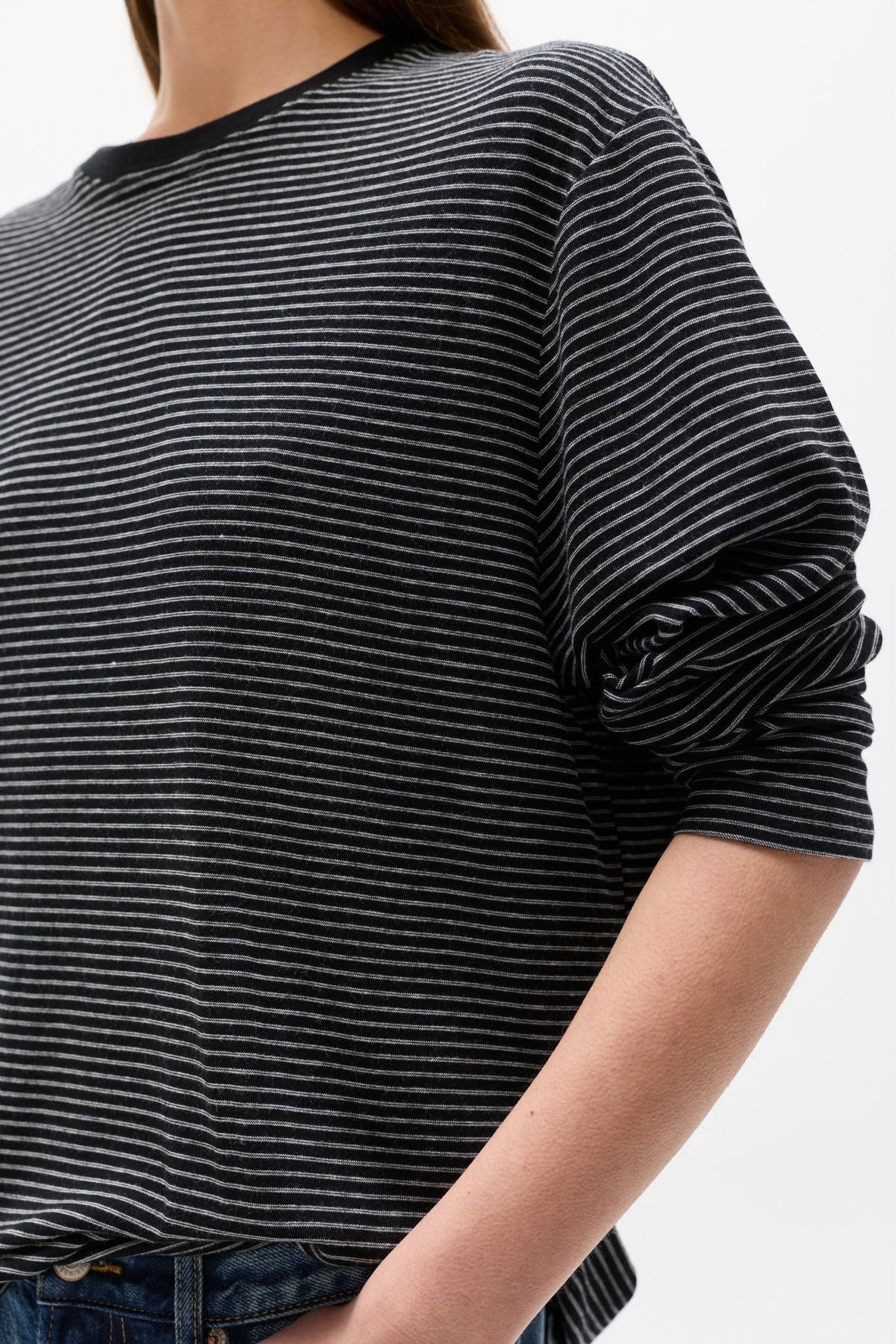 Liam Striped Long Sleeve Tee in Navy Stripe, view 3, Bayse Brand