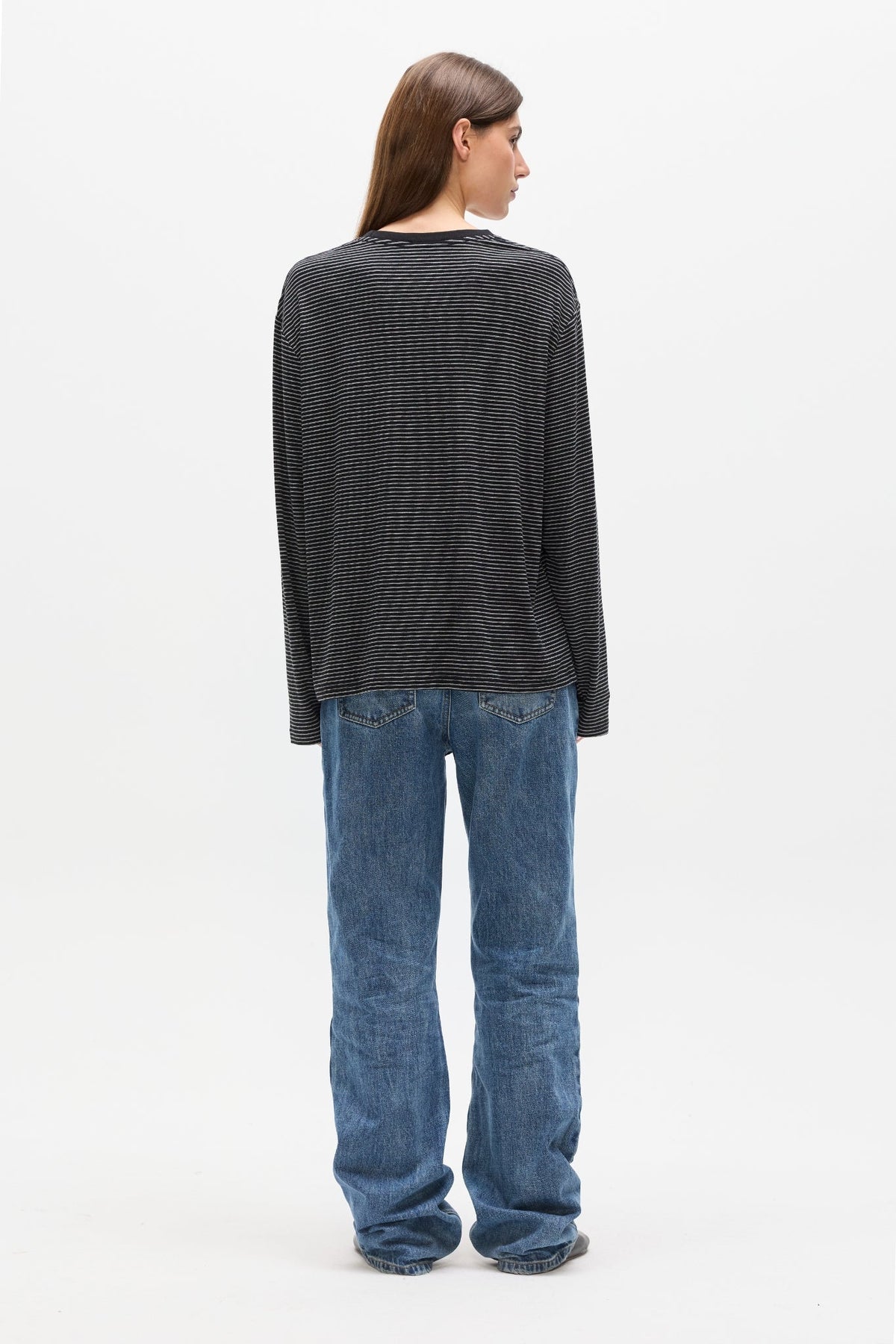Liam Striped Long Sleeve Tee in Navy Stripe, view 4, Bayse Brand