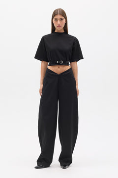 Lina Belted Mock Neck T-Shirt in Black, view 1, Bayse Brand