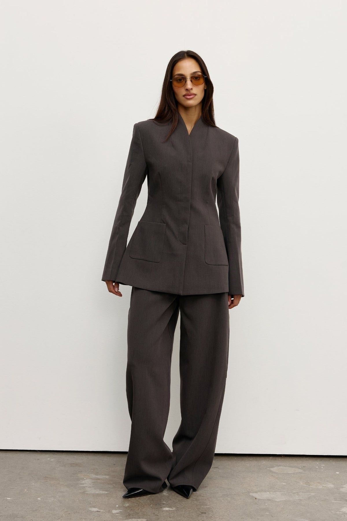 Lindsay Sculpted Stand Neck Blazer in Charcoal, view 1, Bayse Brand
