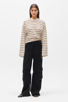 Lex Cotton Linen Long Sleeve in Mocha Stripe, view 1, Bayse Brand