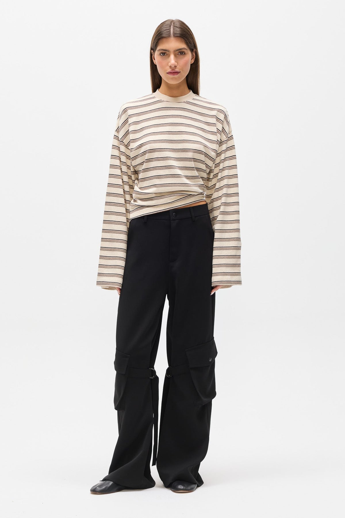 Lex Cotton Linen Long Sleeve in Mocha Stripe, view 1, Bayse Brand
