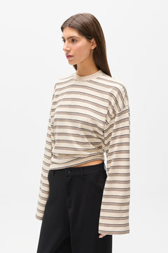 Lex Cotton Linen Long Sleeve in Mocha Stripe, view 4, Bayse Brand