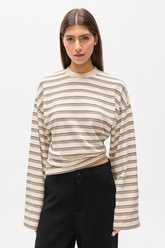 Lex Cotton Linen Long Sleeve in Mocha Stripe, view 2, Bayse Brand