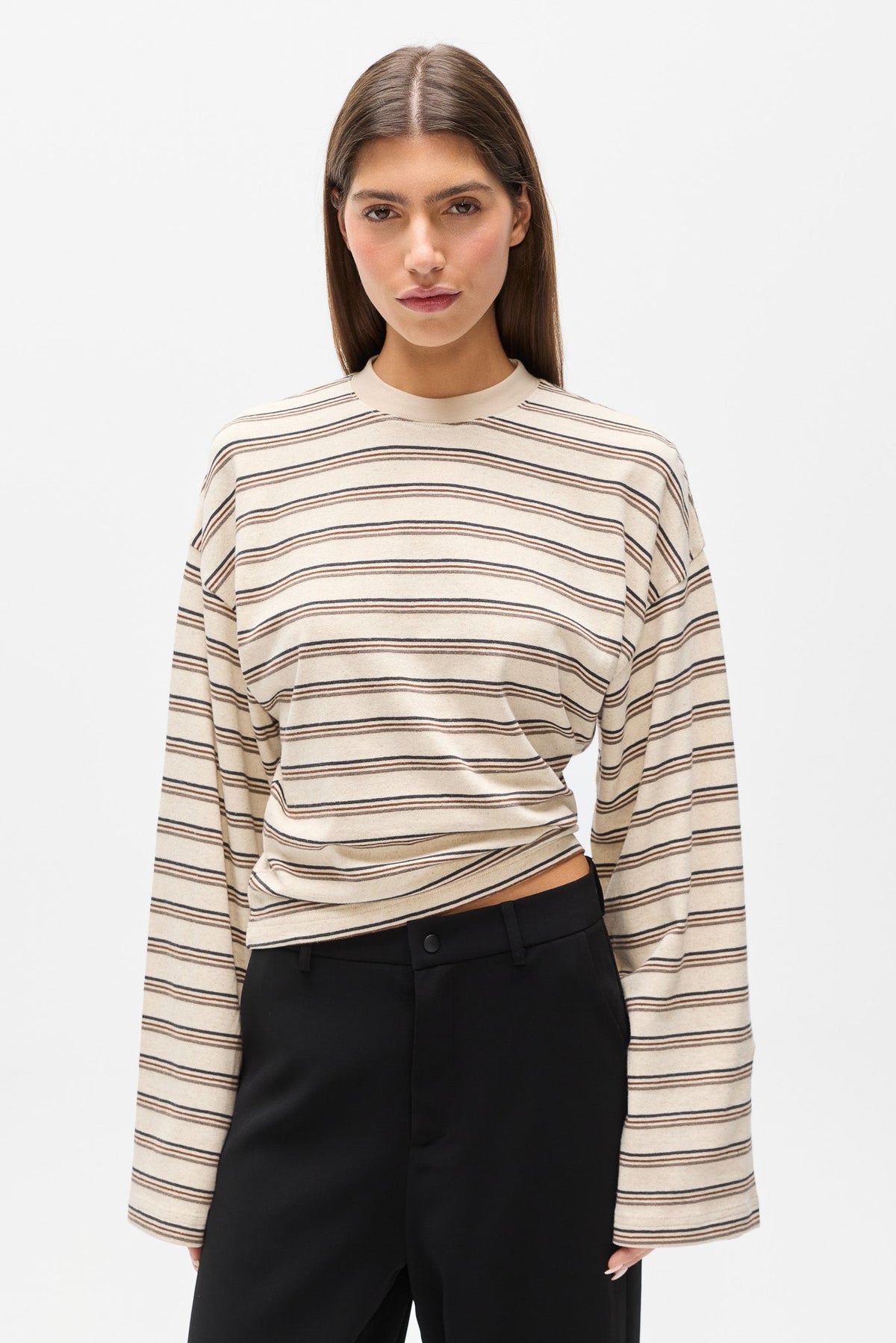 Lex Cotton Linen Long Sleeve in Mocha Stripe, view 2, Bayse Brand