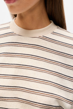 Lex Cotton Linen Long Sleeve in Mocha Stripe, view 3, Bayse Brand