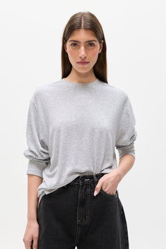 Liam Striped Long Sleeve Tee in Light Grey Stripe, view 3, Bayse Brand