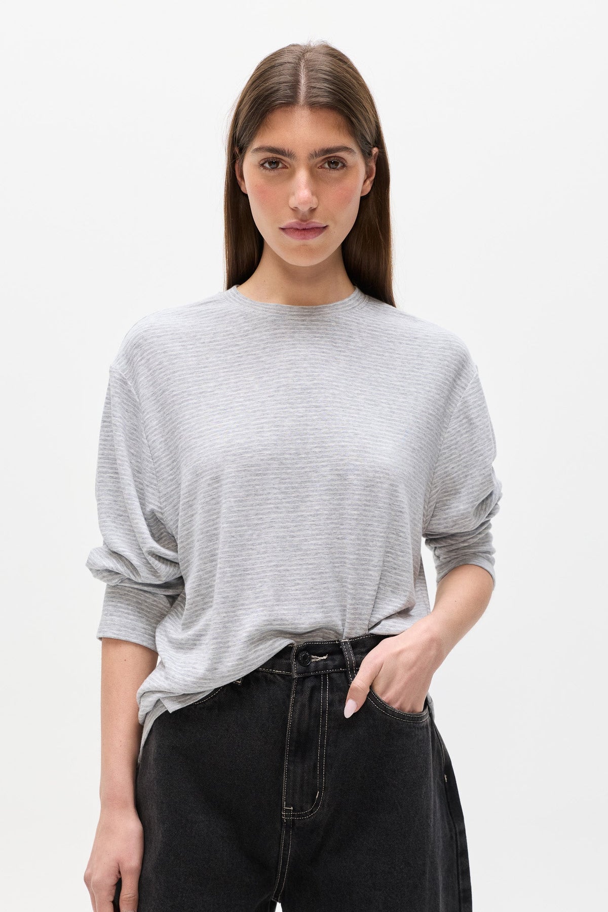 Liam Striped Long Sleeve Tee in Light Grey Stripe, view 3, Bayse Brand