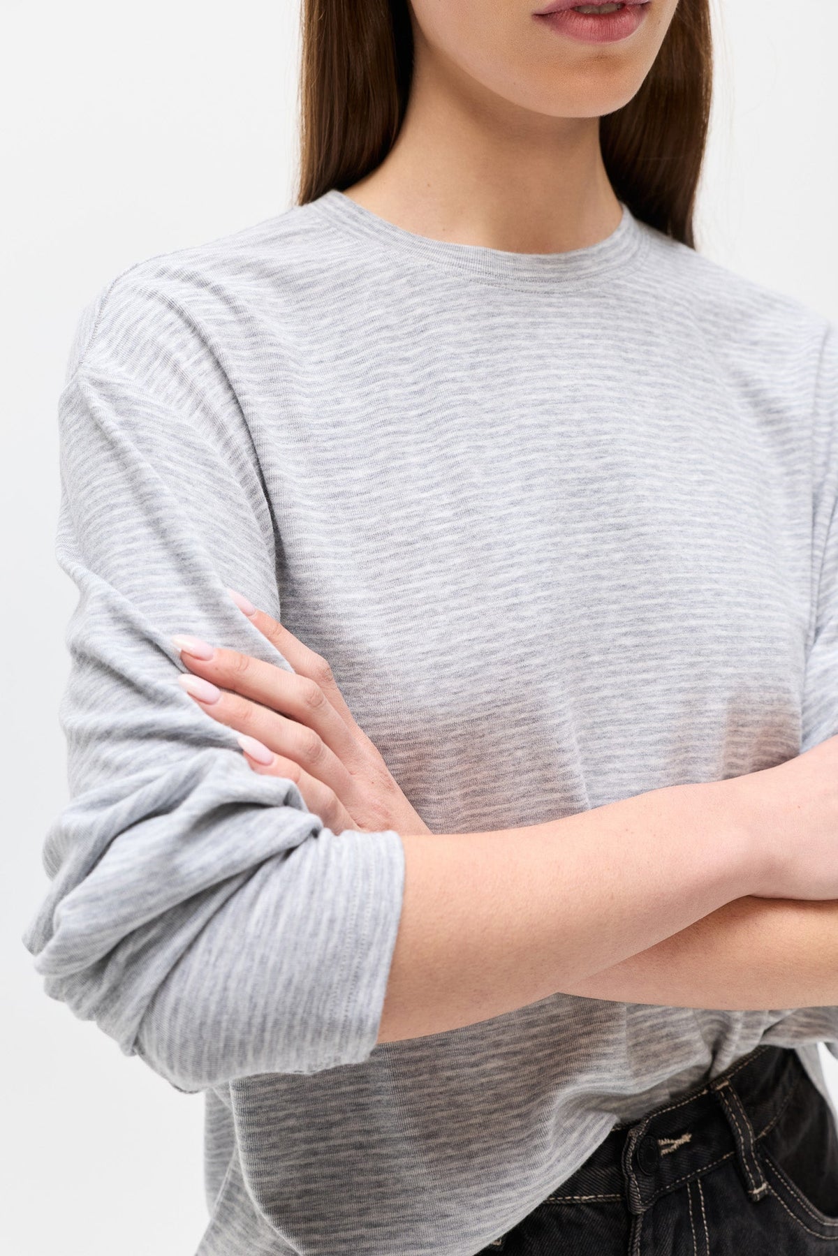 Liam Striped Long Sleeve Tee in Light Grey Stripe, view 2, Bayse Brand