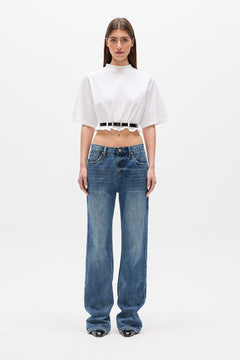 Lina Belted Mock Neck T-Shirt in Cremé White, view 1, Bayse Brand