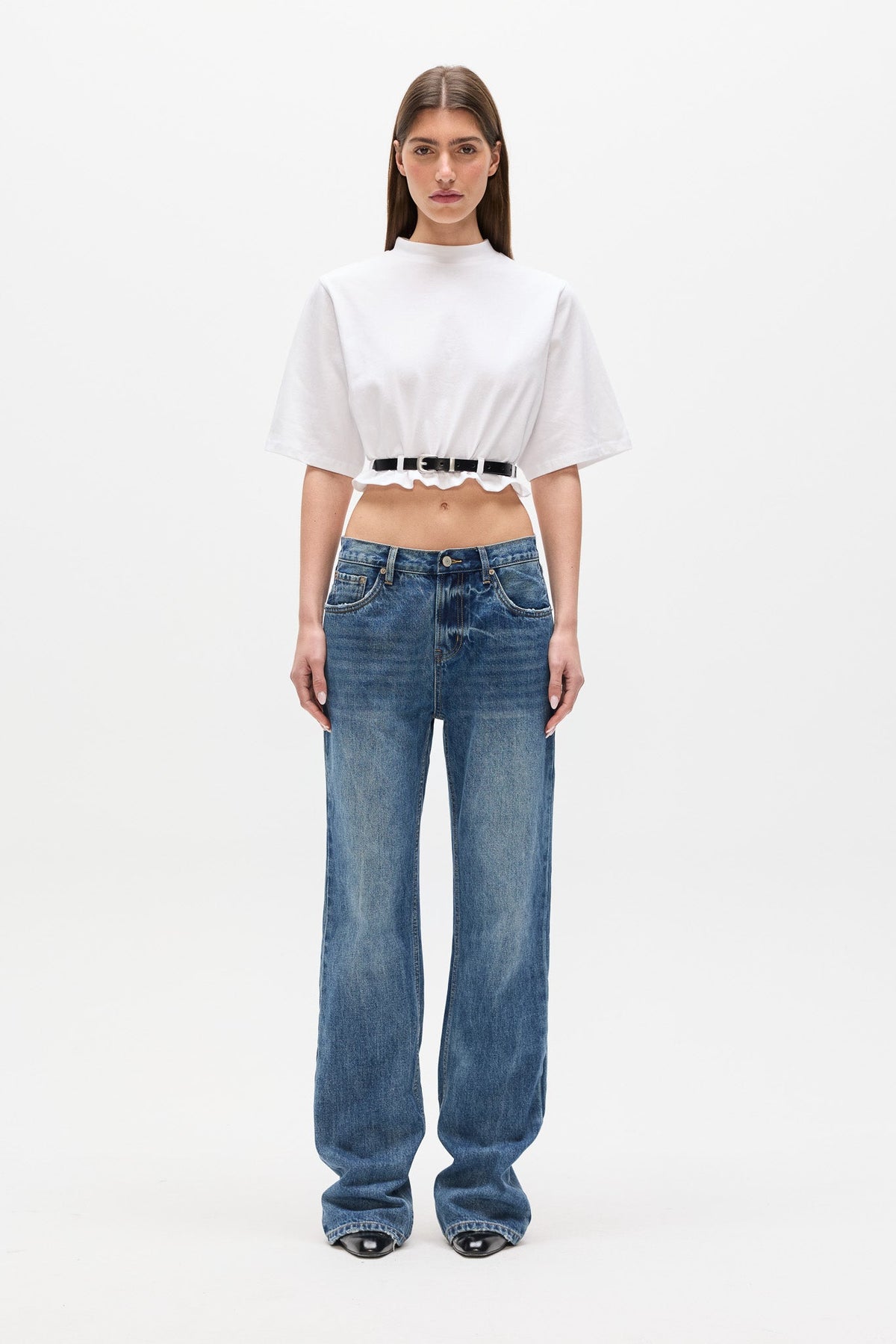 Lina Belted Mock Neck T-Shirt in Cremé White, view 1, Bayse Brand