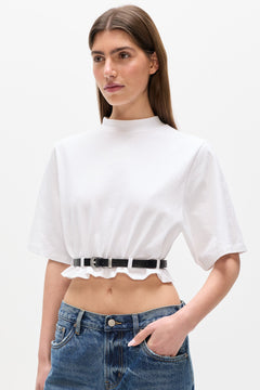 Lina Belted Mock Neck T-Shirt in Cremé White, view 3, Bayse Brand