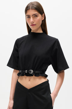 Lina Belted Mock Neck T-Shirt in Black, view 2, Bayse Brand