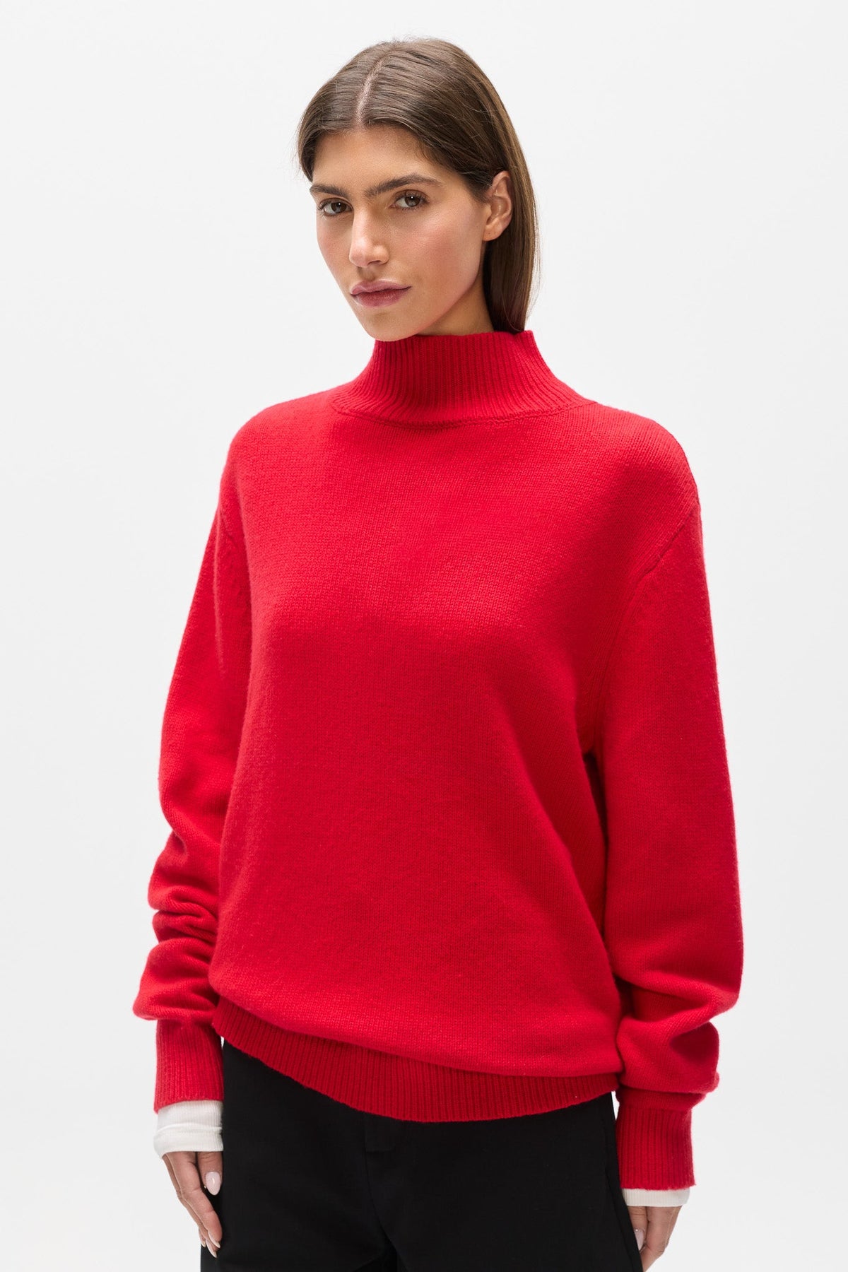Lottie Merino Knit Turtleneck in Red, view 2, Bayse Brand