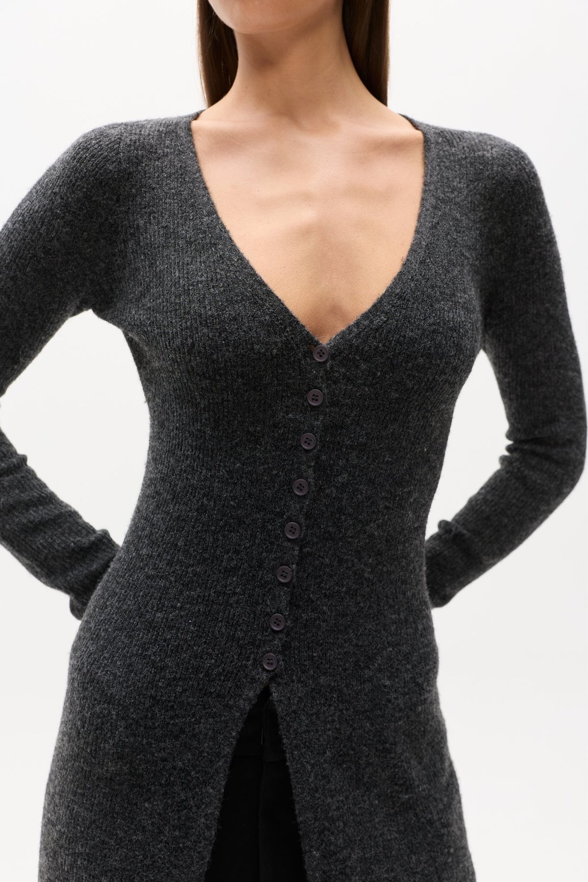 Margaux Button Front Knit Midi Dress in Charcoal, view 2, Bayse Brand