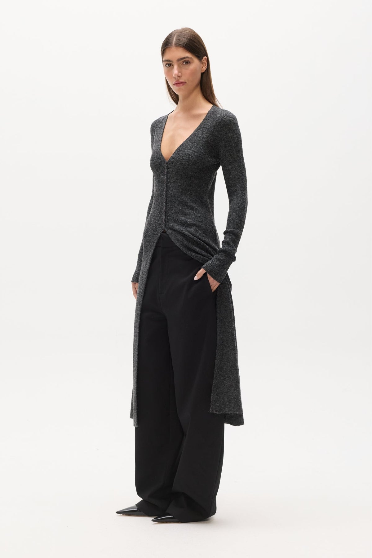 Margaux Button Front Knit Midi Dress in Charcoal, view 3, Bayse Brand