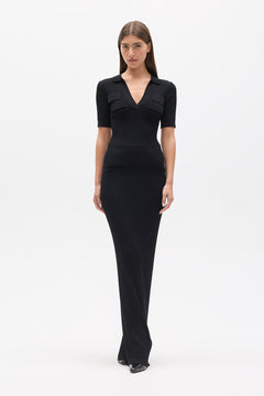 Miranda Ribbed Knit Polo Top in Black, view 2, Bayse Brand