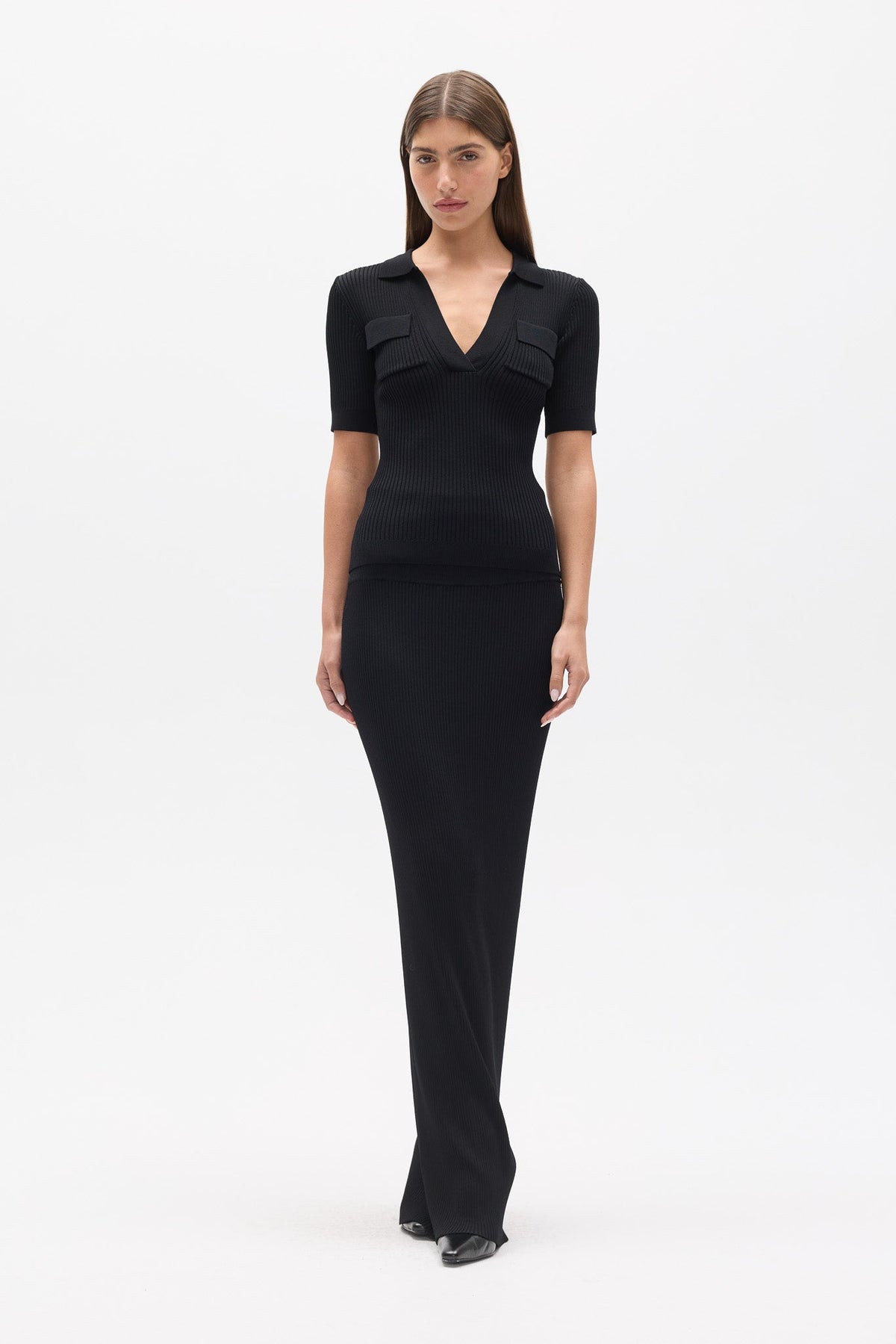 Miranda Ribbed Knit Polo Top in Black, view 2, Bayse Brand