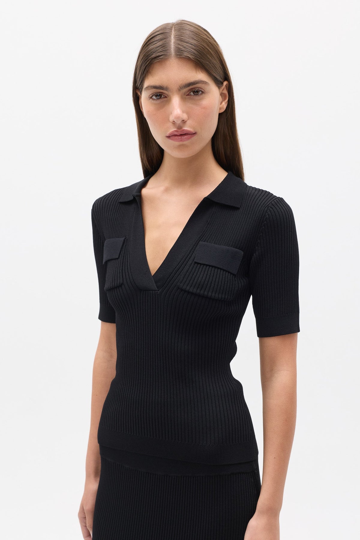 Miranda Ribbed Knit Polo Top in Black, view 3, Bayse Brand