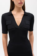 Miranda Ribbed Knit Polo Top in Black, view 1, Bayse Brand
