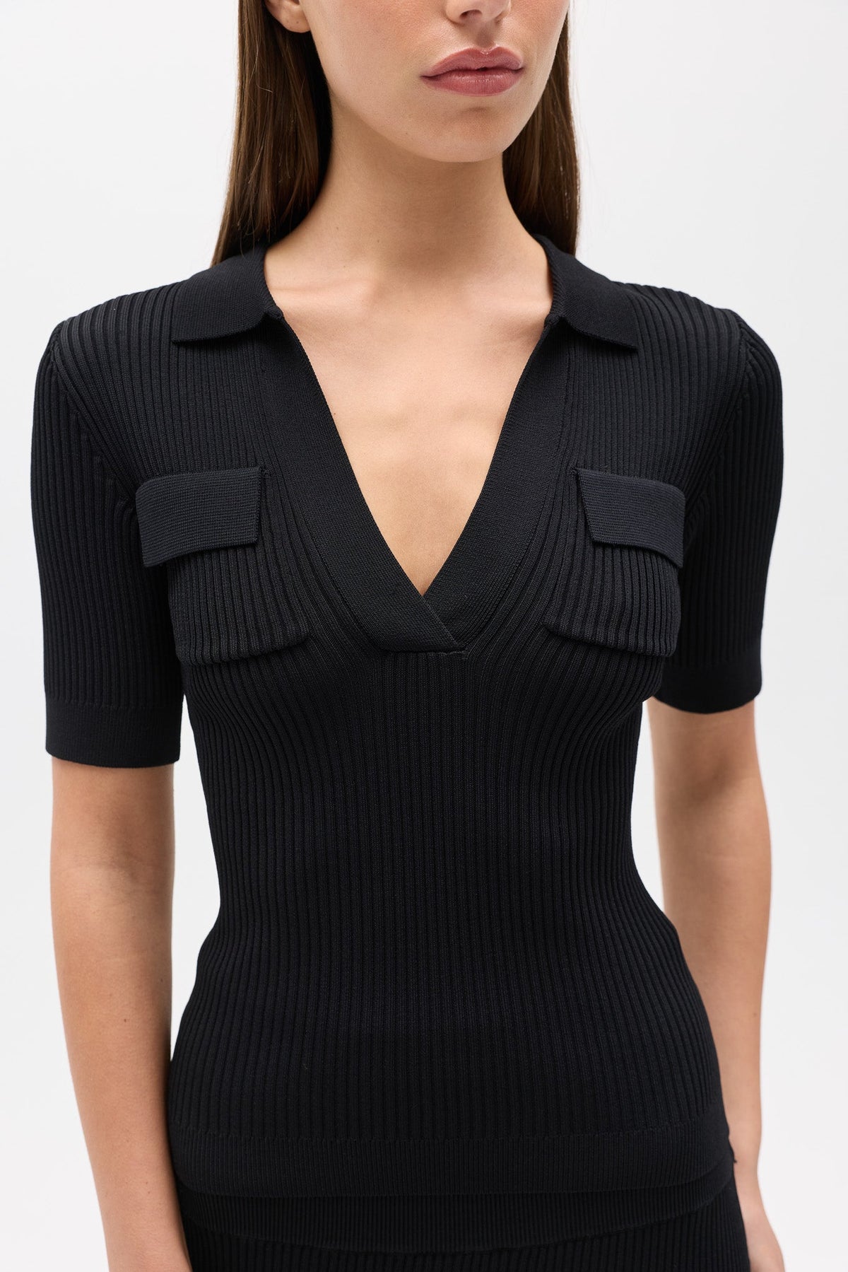 Miranda Ribbed Knit Polo Top in Black, view 1, Bayse Brand