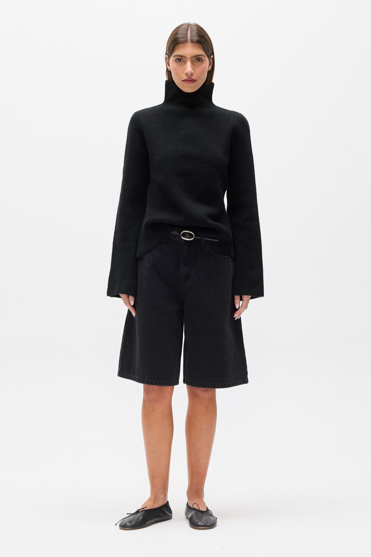 Maisie Flared Sleeve Knit Turtleneck in Black, view 1, Bayse Brand