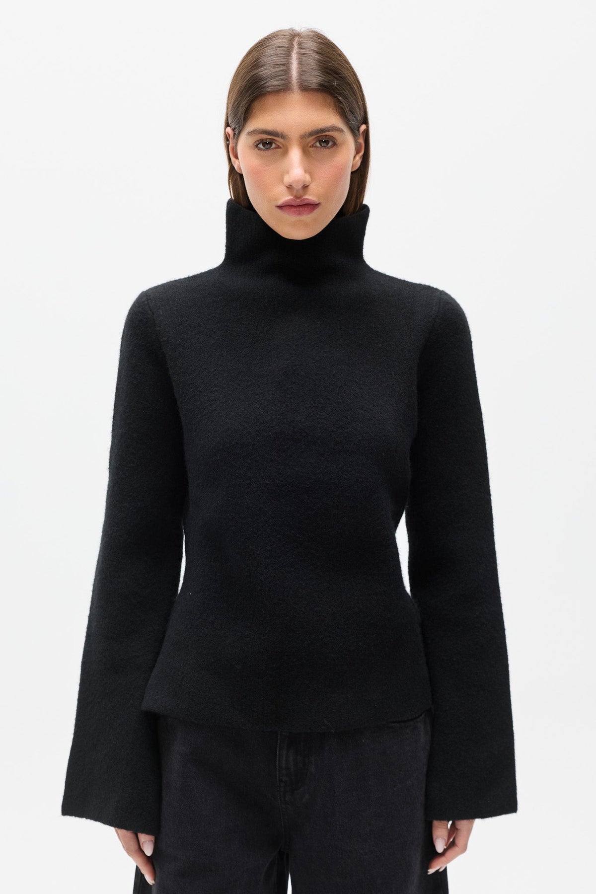 Maisie Flared Sleeve Knit Turtleneck in Black, view 2, Bayse Brand