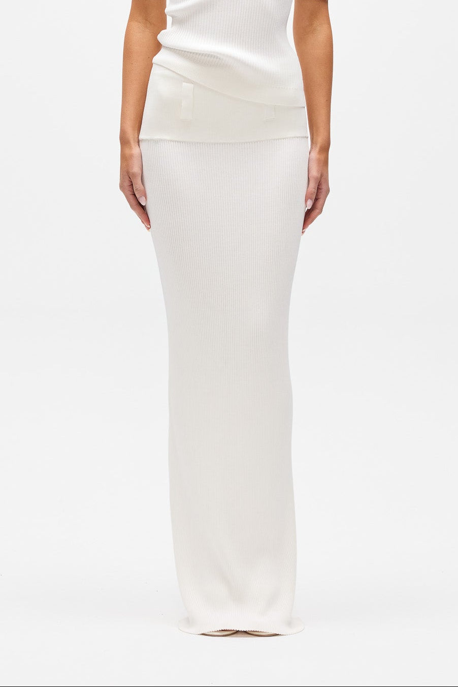 Rhylin Ribbed Knit Maxi Skirt in Ivory, view 1, Bayse Brand