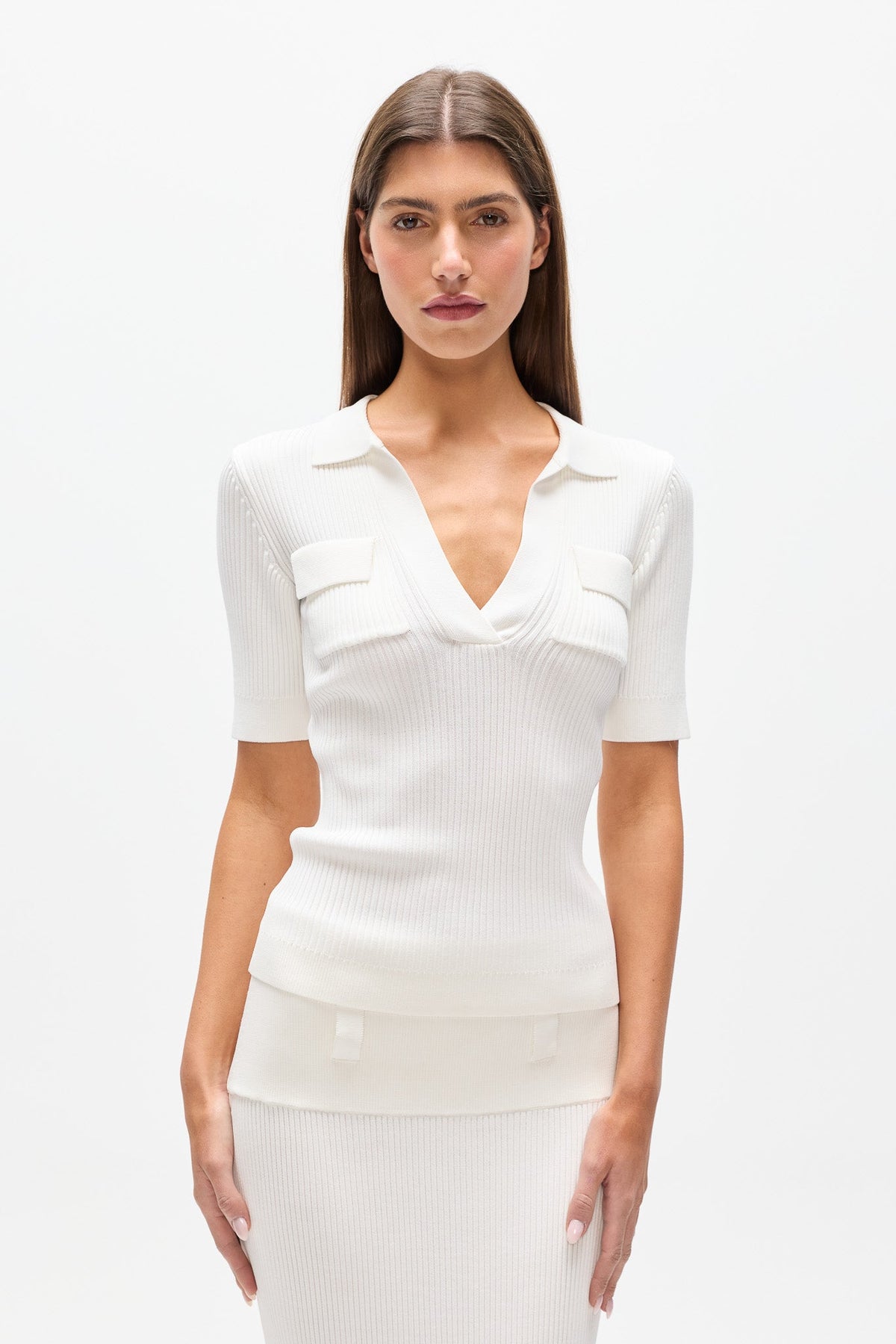 Miranda Ribbed Knit Polo Top in Ivory, view 2, Bayse Brand