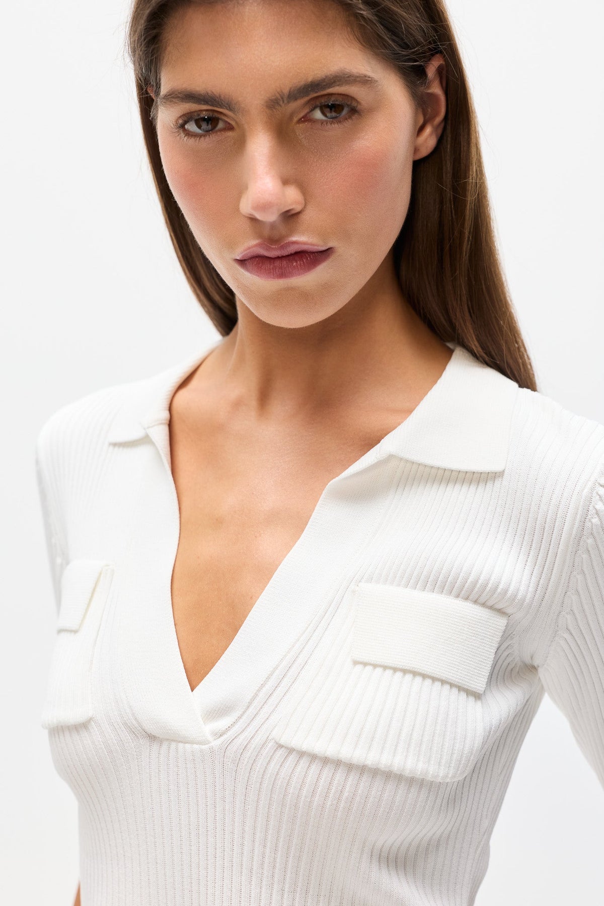 Miranda Ribbed Knit Polo Top in Ivory, view 3, Bayse Brand