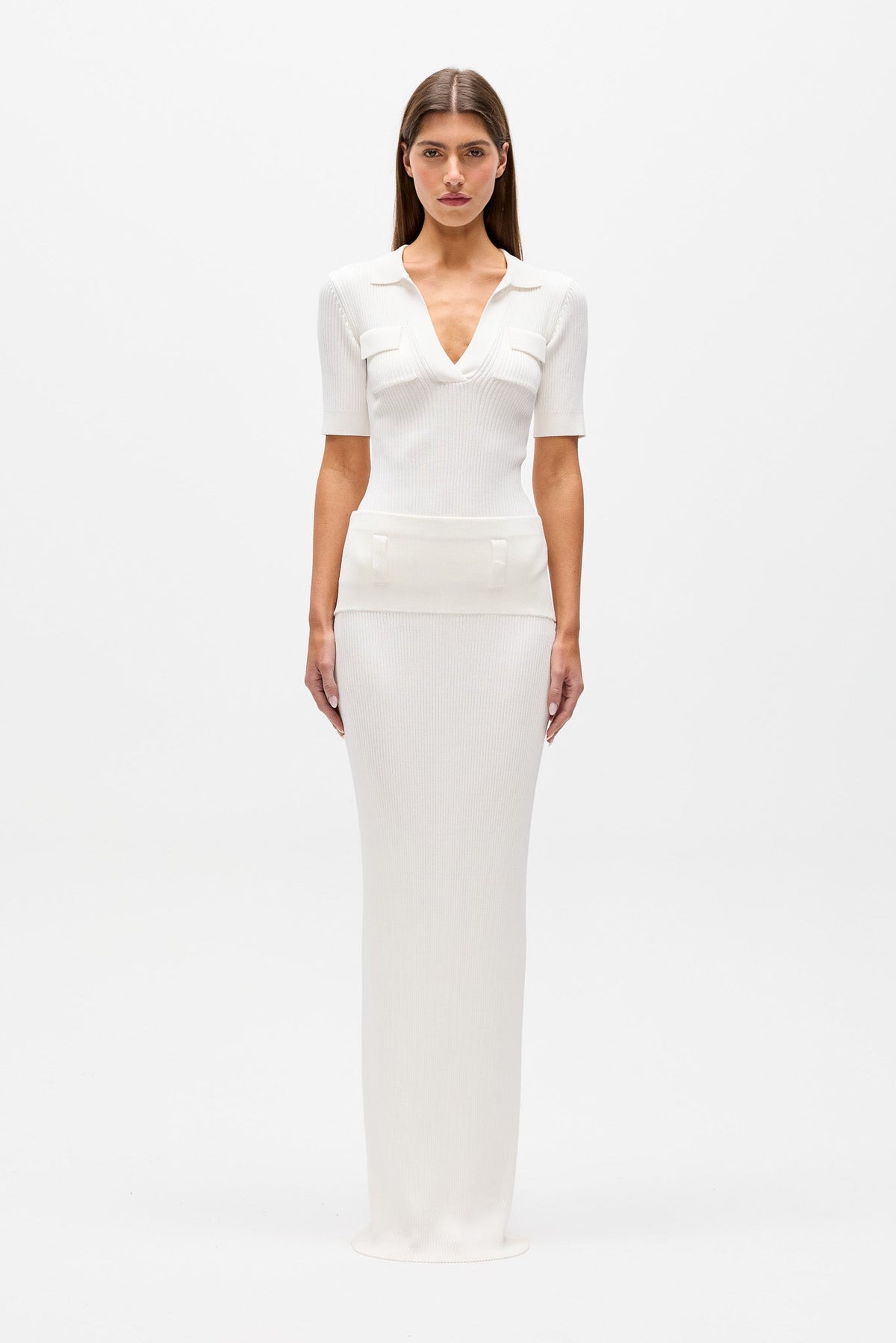 Rhylin Ribbed Knit Maxi Skirt in Ivory, view 2, Bayse Brand
