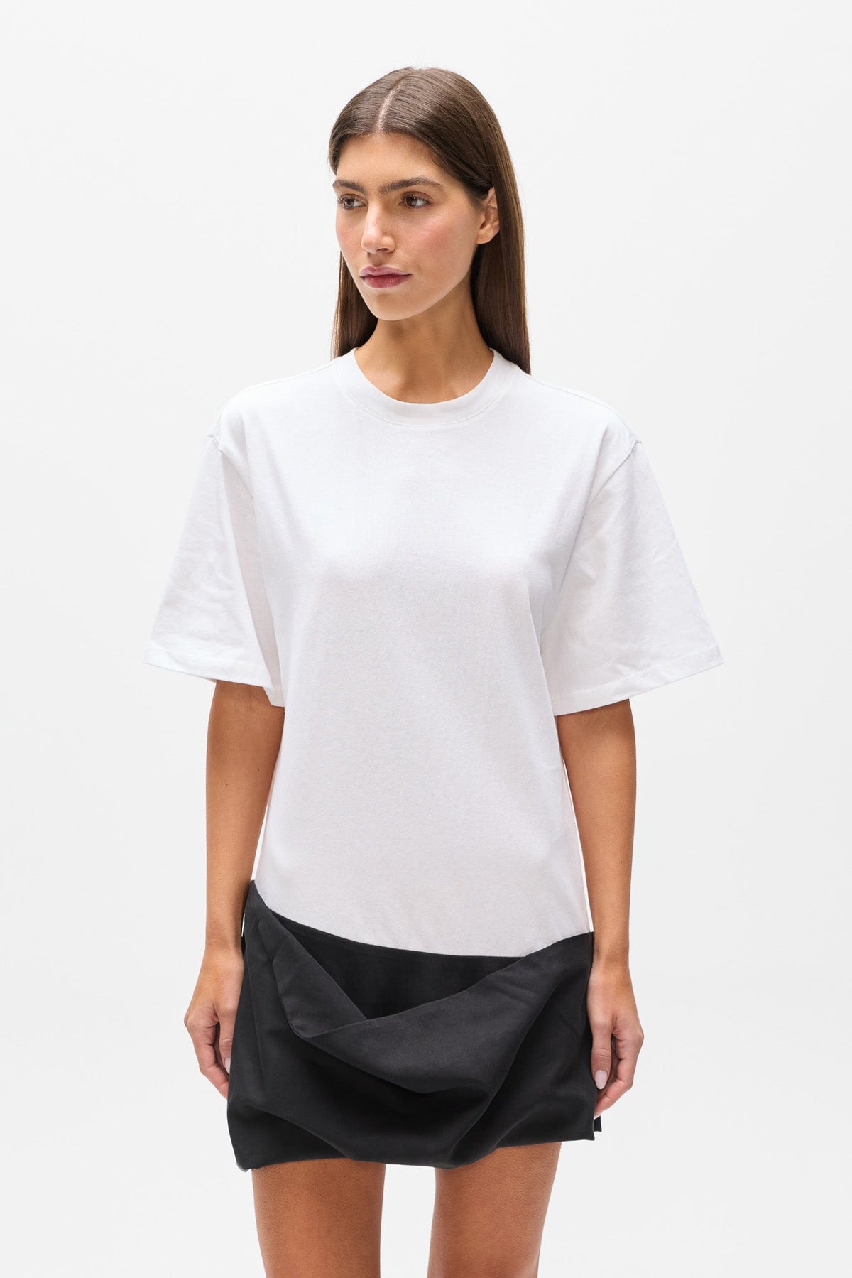 Phoebe Draped Hem T-Shirt Dress in White, view 1, Bayse Brand