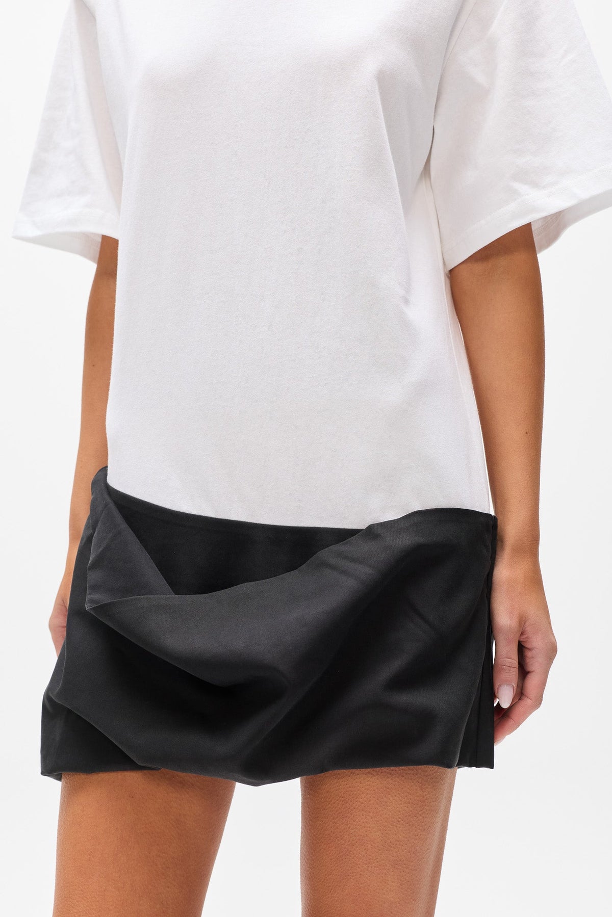 Phoebe Draped Hem T-Shirt Dress in White, view 3, Bayse Brand