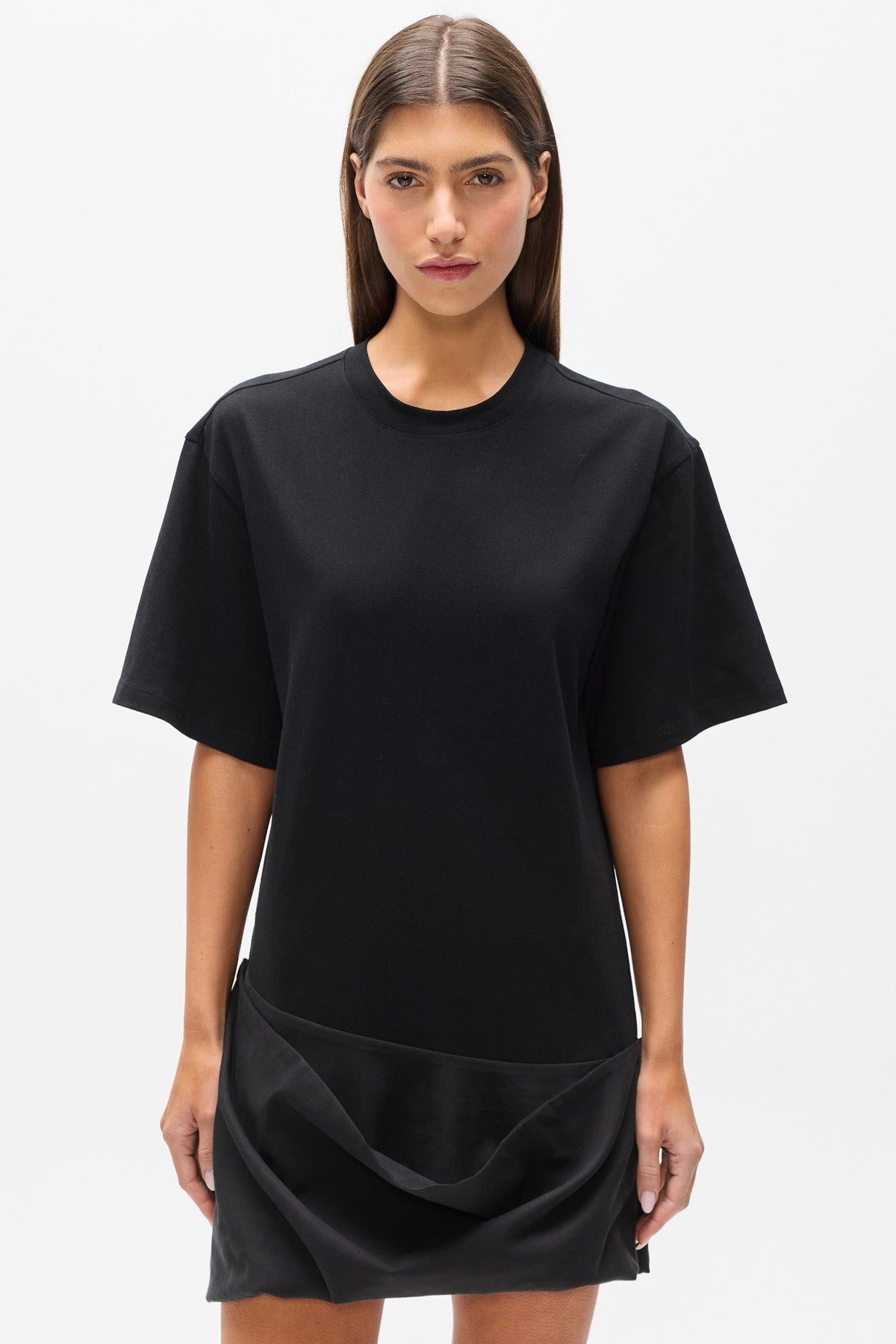 Phoebe Draped Hem T-Shirt Dress in Black, view 2, Bayse Brand