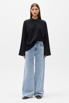 Priya V Neck Long Sleeve Top in Black, view 1, Bayse Brand